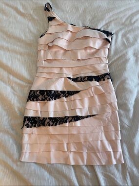One-Shoulder Blush Pink Ruffle Dress with Black Lace Trim